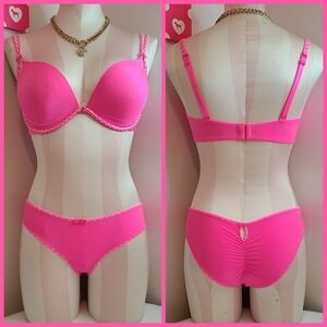 VTG VS Sexy Little Things Silky Satin Neon Push-up Bra/ Panty Set Size 34E/med